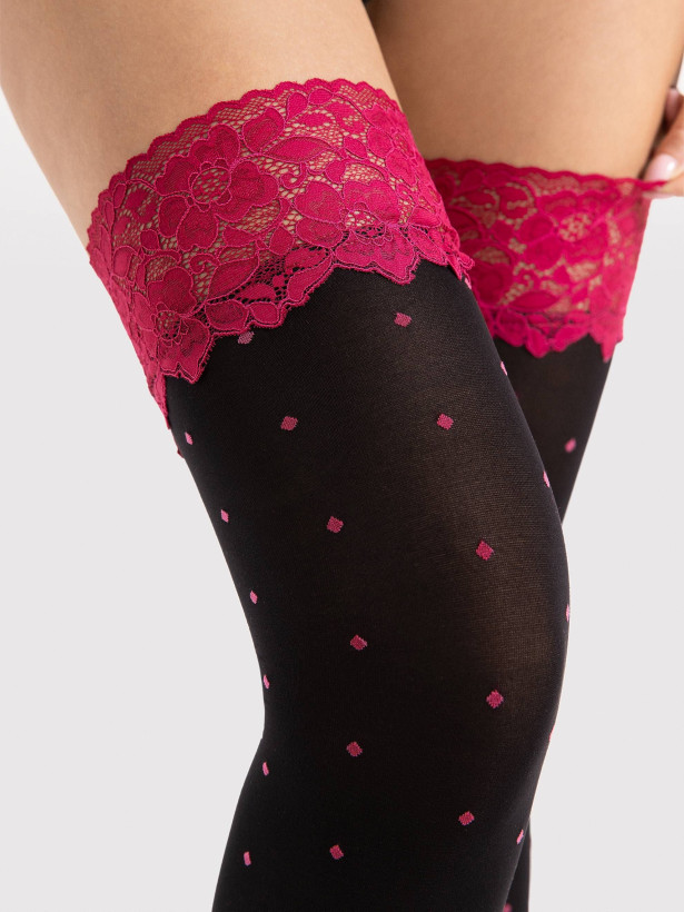 Gepunktete Halterlose FIORE Volcan – 40 DEN Amaranth-Spitze