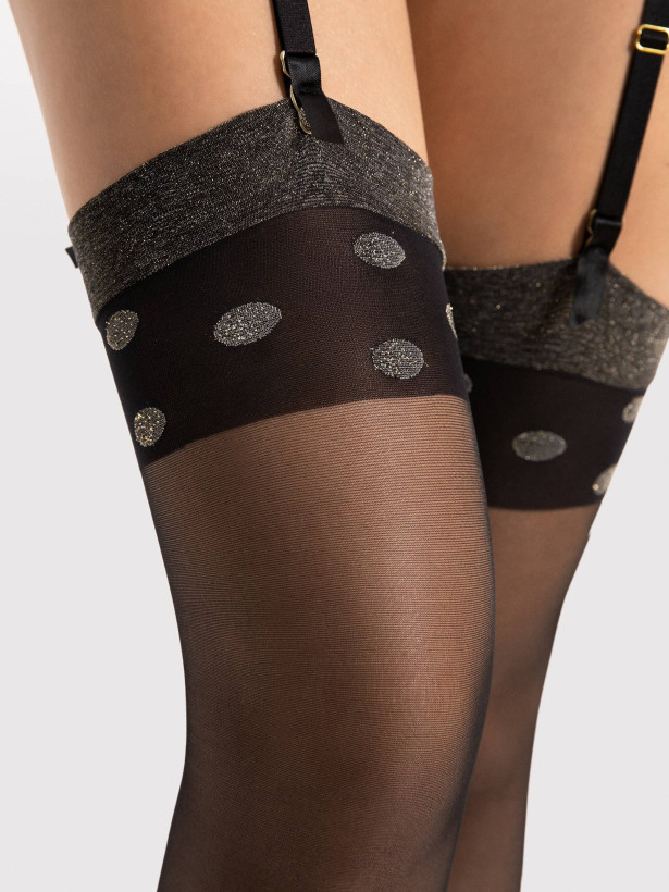 Metallic-Punkte Strapsstrümpfe FIORE Luxe – 15 DEN Schimmer-Detail