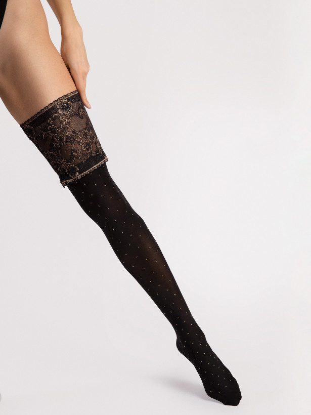 Pünktchen Halterlose FIORE Notte – 40 DEN Gold-Lurex Muster