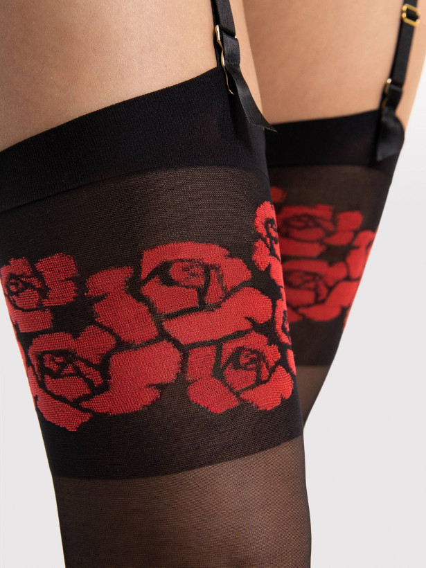 Rote Rosen Strapsstrümpfe FIORE Destin – 20 DEN Blumenmuster