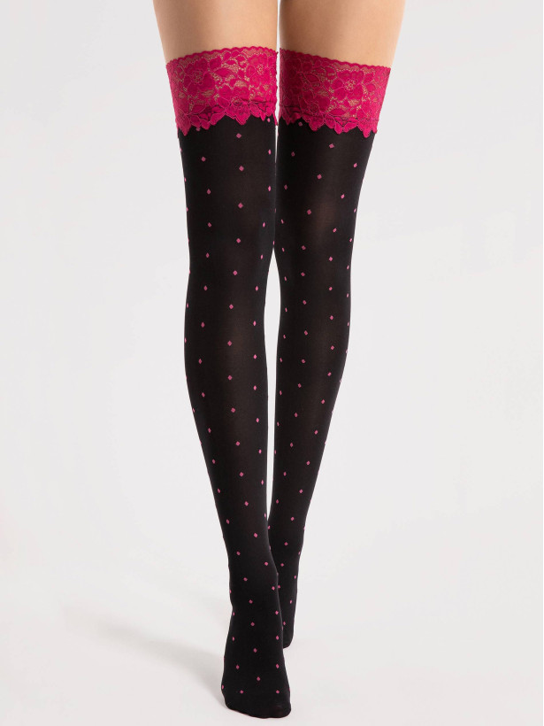 Pinke Pünktchen Halterlose FIORE Volcan – 40 DEN Amaranth-Spitze