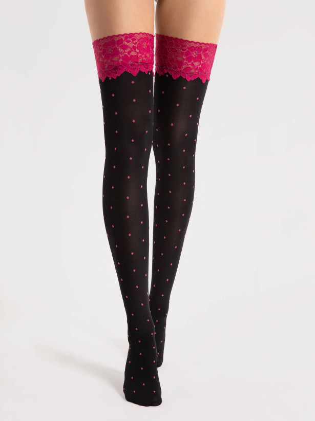 Gepunktete Halterlose FIORE Volcan – 40 DEN Amaranth-Spitze