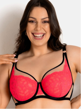 Plunge Underwired Bra Graphic Contrast Mediolano Funny – Neon Coral