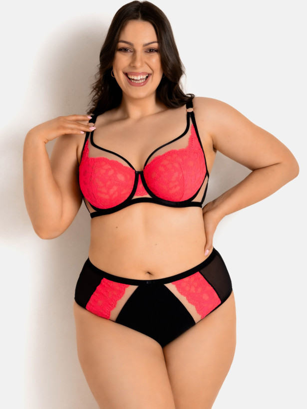 Plunge Underwired Bra Graphic Contrast Mediolano Funny – Neon Coral