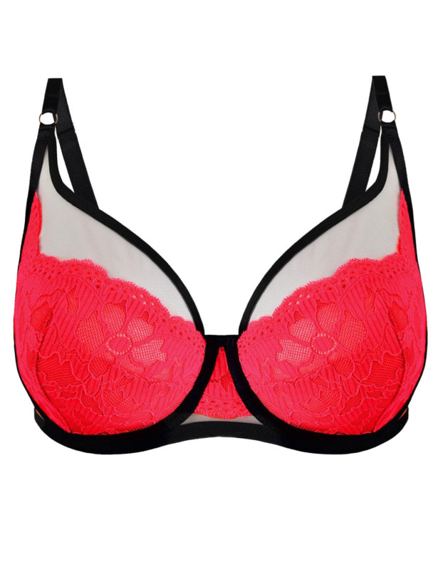 Plunge Underwired Bra Graphic Contrast Mediolano Funny – Neon Coral