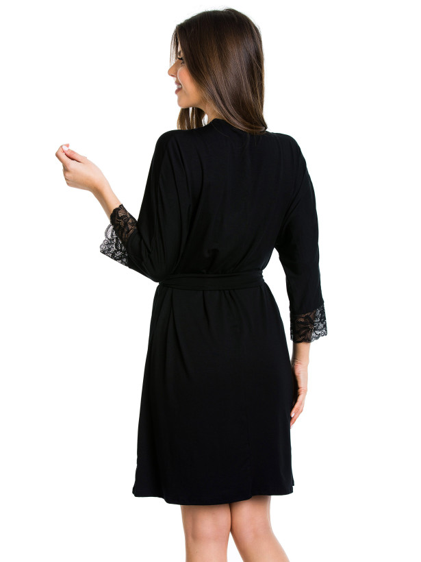 Black Viscose Robe with Lace Trim Mediolano Natalia 05075