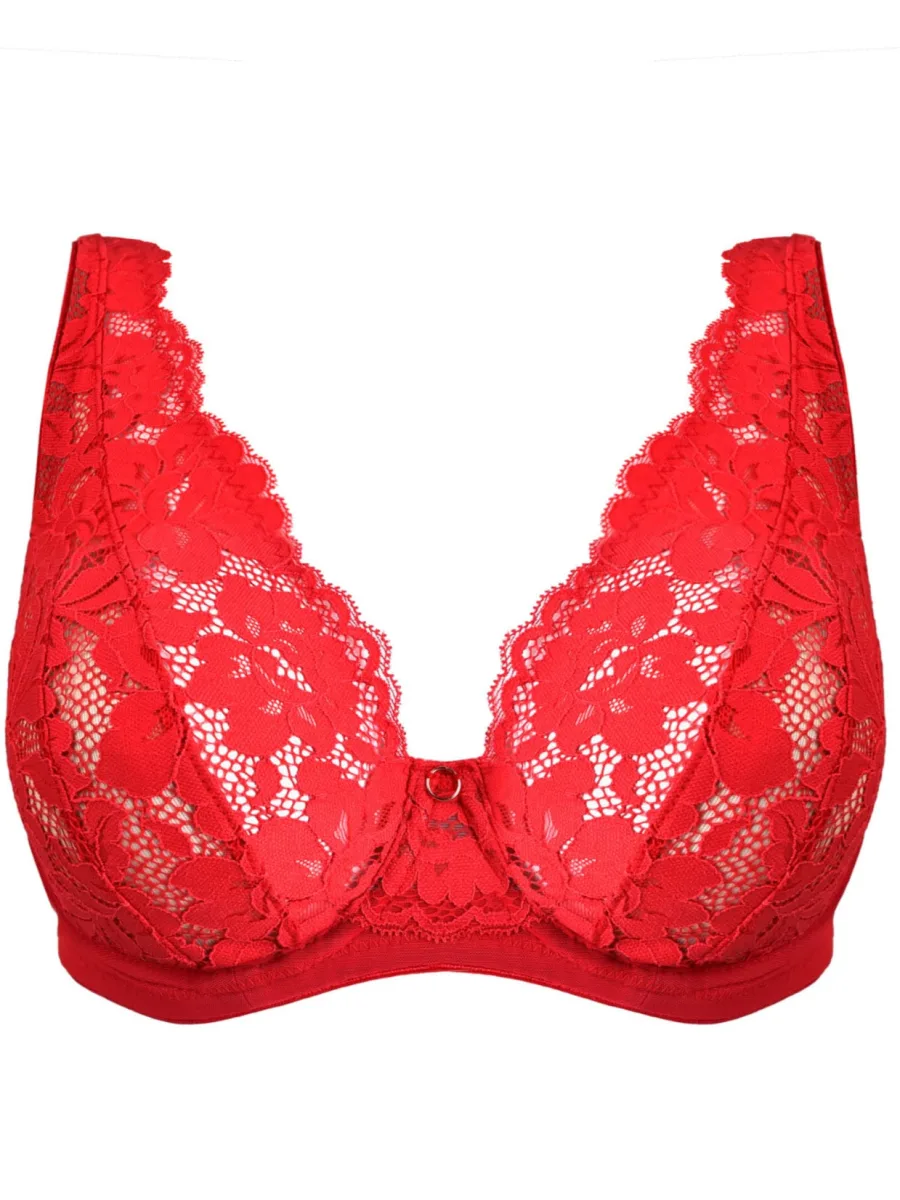 Plunge-Spitzen-Bralette Mediolano Jasmin – Himbeerrot