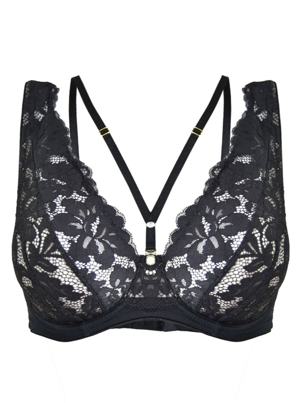 Plunge-Spitzen-Bralette mit Tattoo-Effekt Mediolano Jasmin – Tiefschwarz