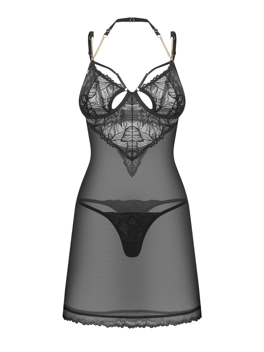 Black Sheer Chemise With Underwired Lace Cups And Thong Obsessive Matildea Black