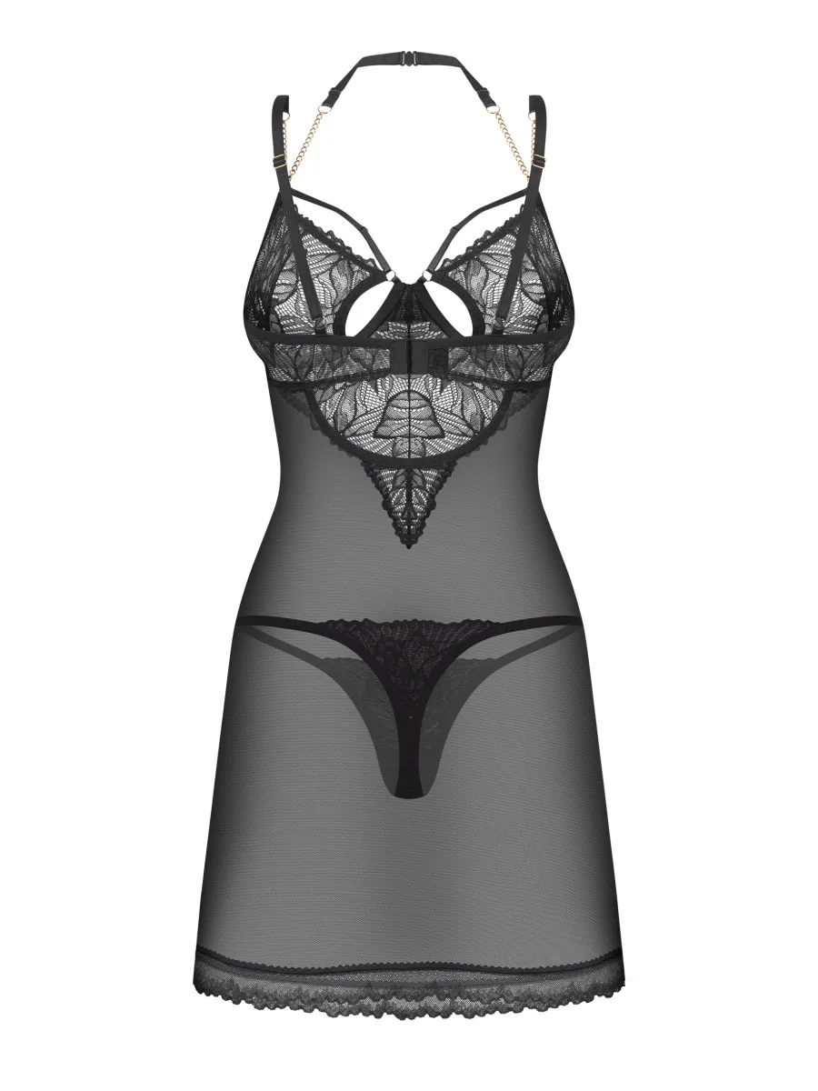 Black Sheer Chemise With Underwired Lace Cups And Thong Obsessive Matildea Black