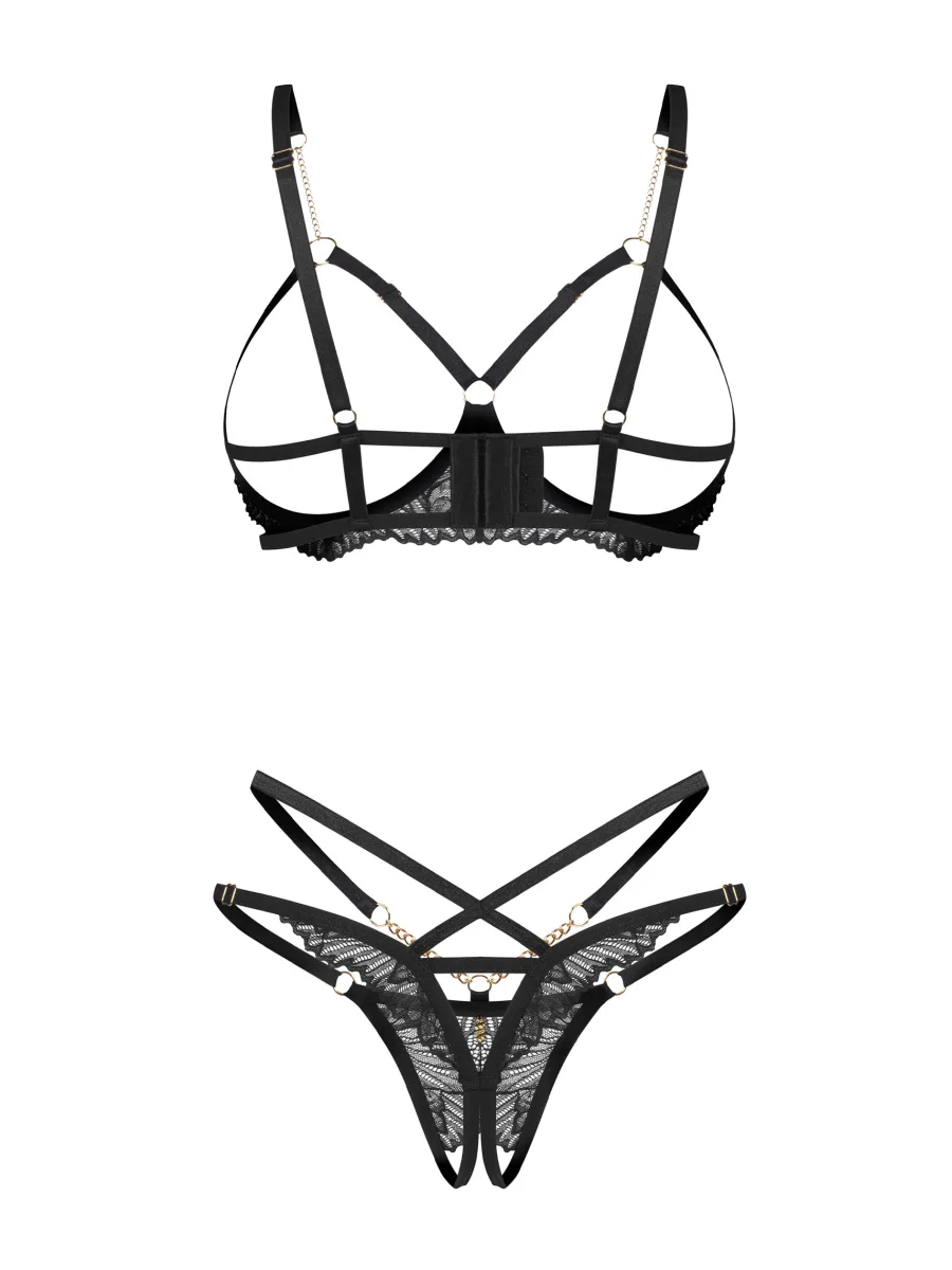 Black Open Cup Bra And Crotchless Thong Set With Gold Chains Obsessive Matildea Black