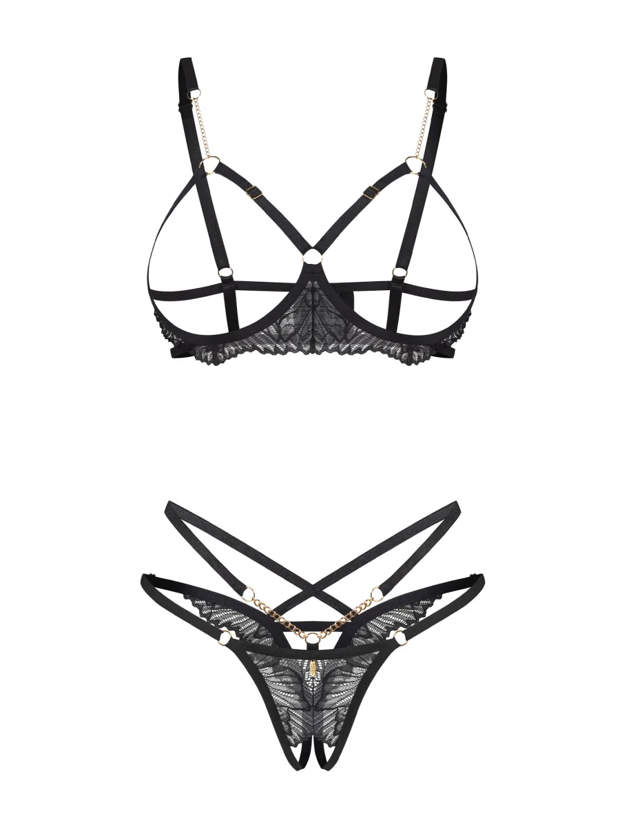 Black Open Cup Bra And Crotchless Thong Set With Gold Chains Obsessive Matildea Black