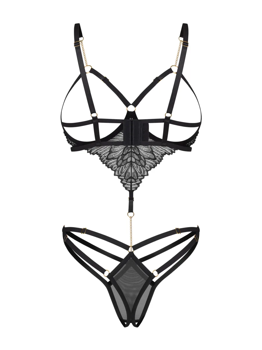 Black Open Cup Crotchless Bodysuit With Gold Chains Obsessive Matildea Black