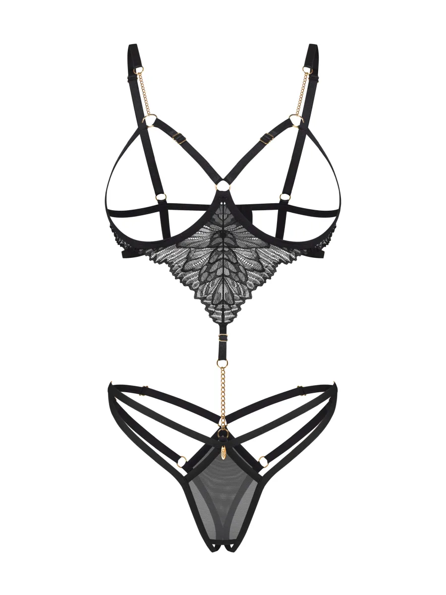 Black Open Cup Crotchless Bodysuit With Gold Chains Obsessive Matildea Black