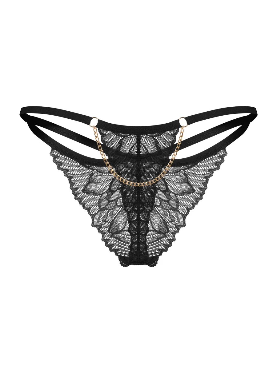 Schwarzer Spitzen-String mit goldfarbener Kette am Rücken Obsessive Matildea Black