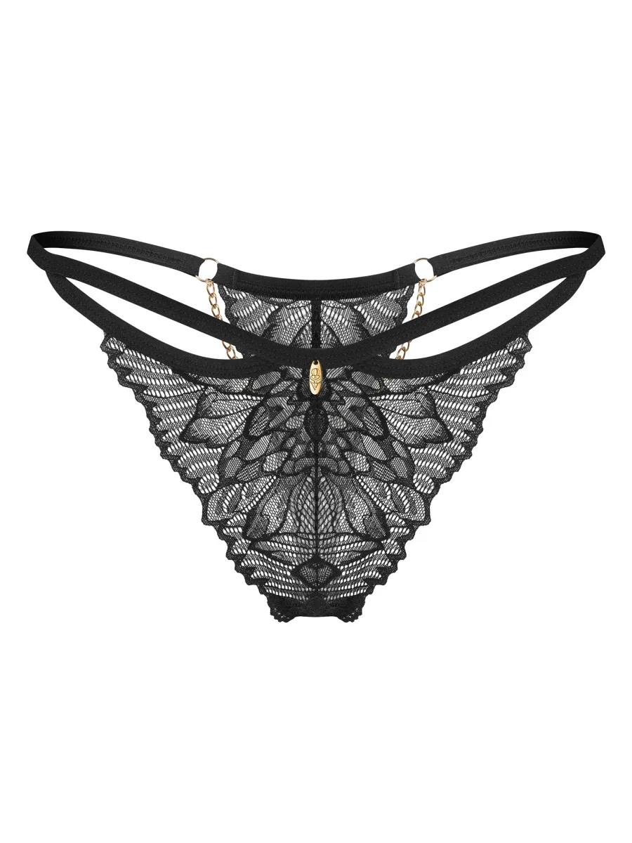 Schwarzer Spitzen-String mit goldfarbener Kette am Rücken Obsessive Matildea Black