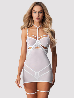 Weißes transparentes Minikleid mit Riemchen und Halsband Obsessive Arrowel White