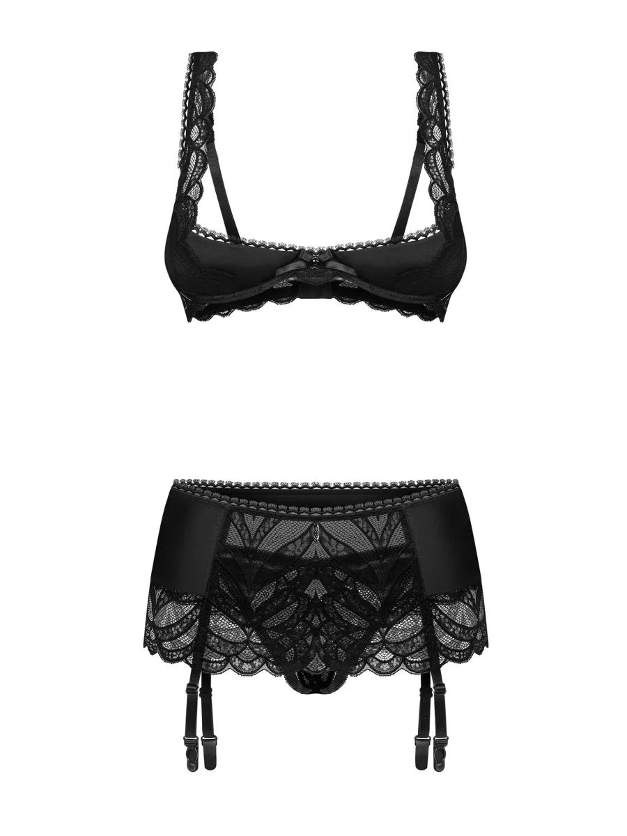 Black 3-Piece Lingerie Set Obsessive Lecille — Open Bra & Crotchless Thong