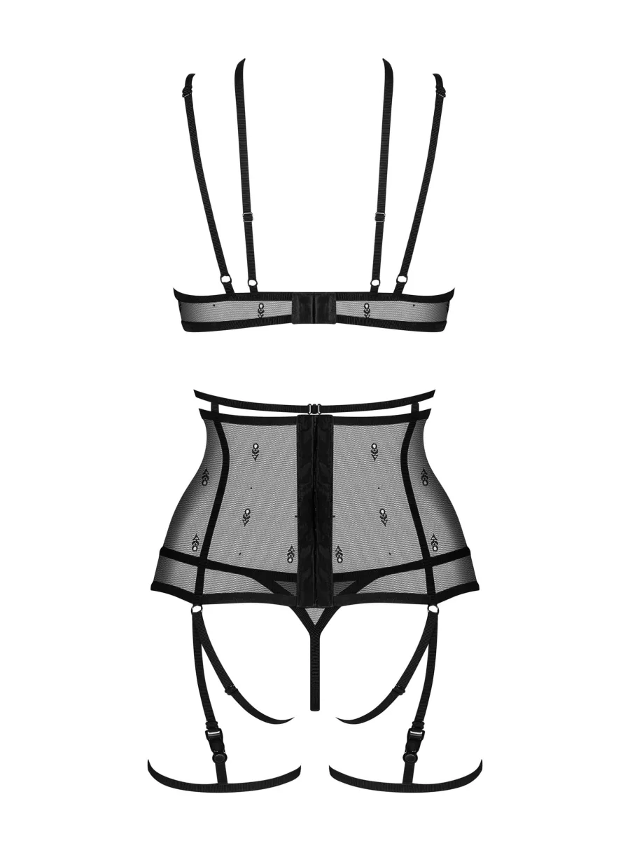 Schwarzes 4-teiliges Dessous-Set Obsessive Anniverse — Jacquard-Netz