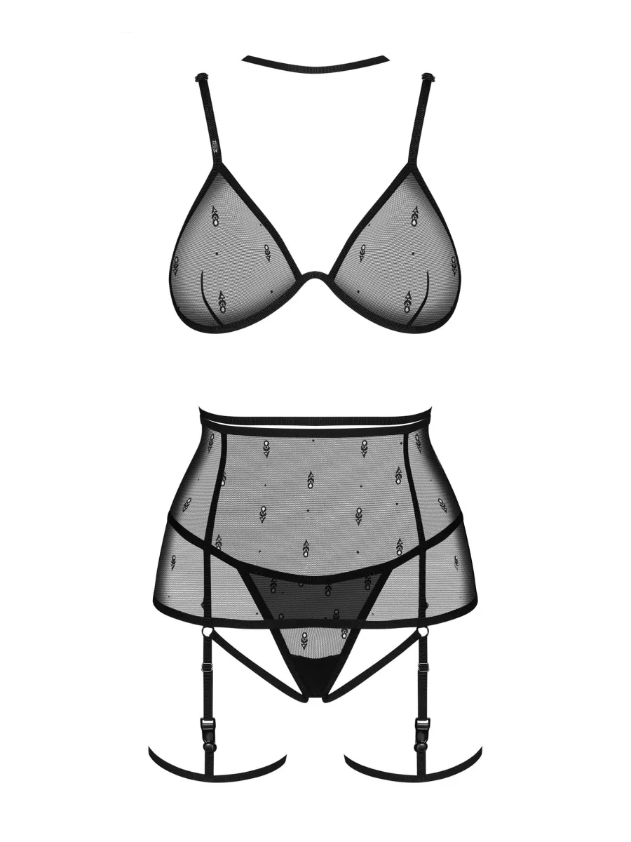 Schwarzes 4-teiliges Dessous-Set Obsessive Anniverse — Jacquard-Netz