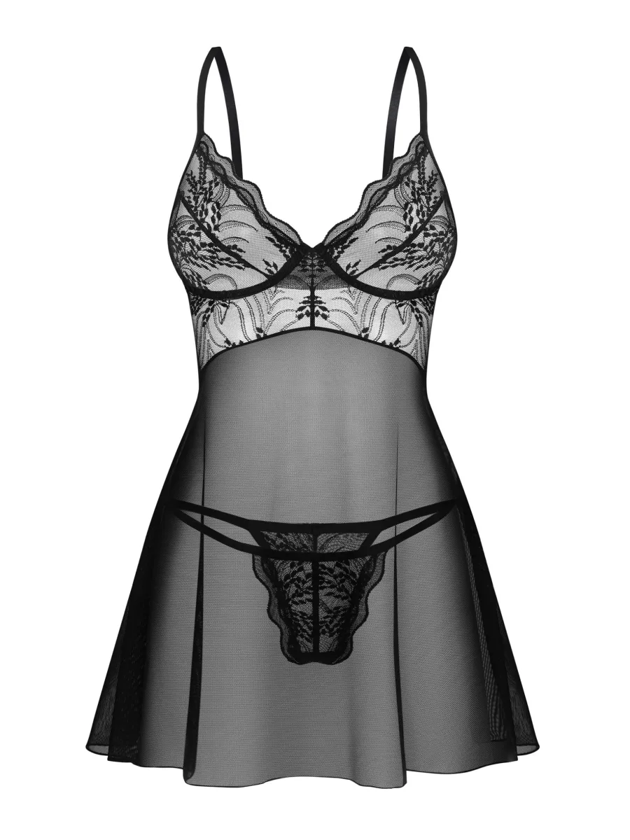 Schwarzes Babydoll Perisia Set — Florale Spitze