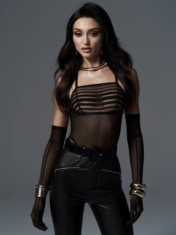 Black Bodysuit Obsessive Exquisite Lune Bellis — Striped Mesh Teddy