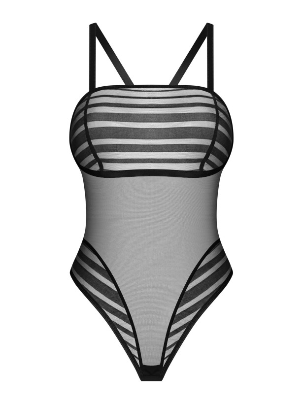 Black Bodysuit Obsessive Exquisite Lune Bellis — Striped Mesh Teddy