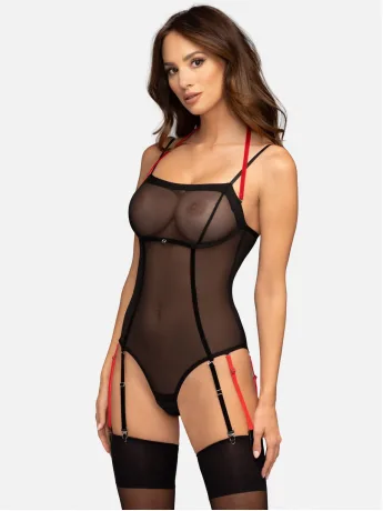 Obsessive Glandez Transparenter schwarzer Netz-Body mit Strapshaltern