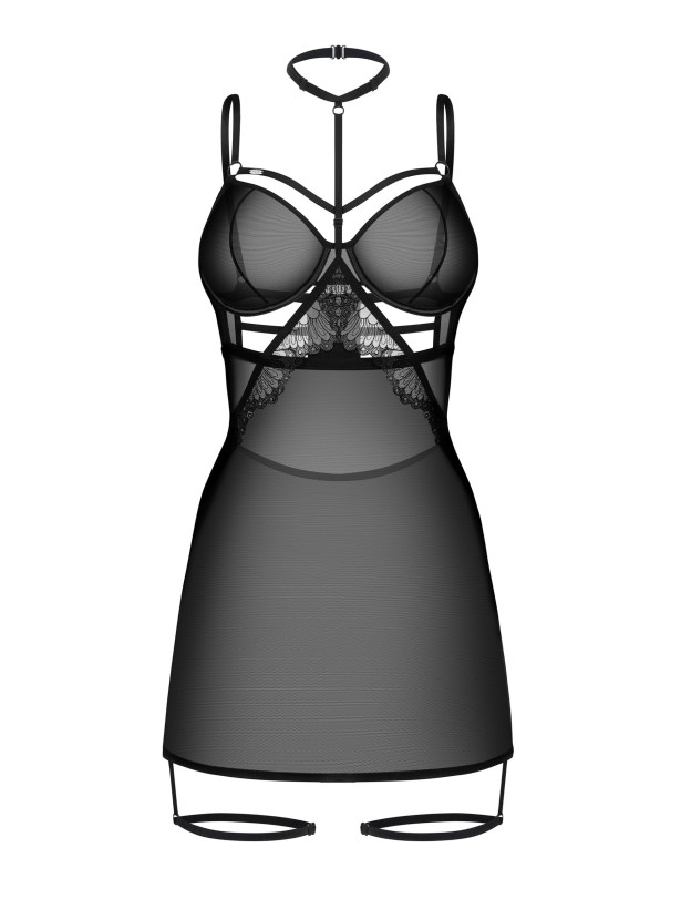 Transparentes schwarzes Nachthemd mit Riemchen und Halsband Obsessive Arrowel