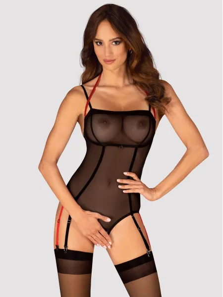 Obsessive Glandez Transparenter schwarzer Ouvert-Body aus Netzmaterial mit Strapshaltern