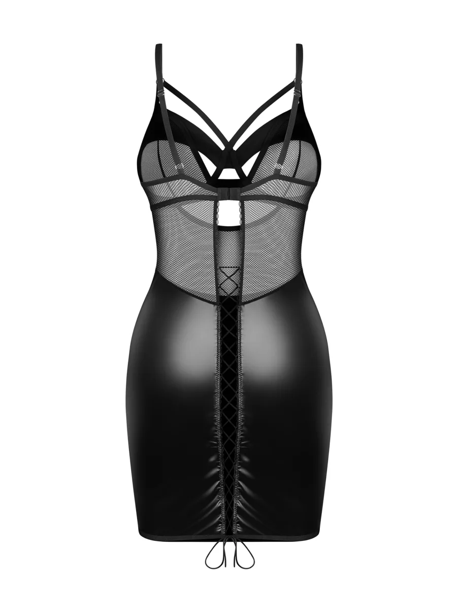 Black Faux Leather Chemise Obsessive Dominna — Lace-up Back