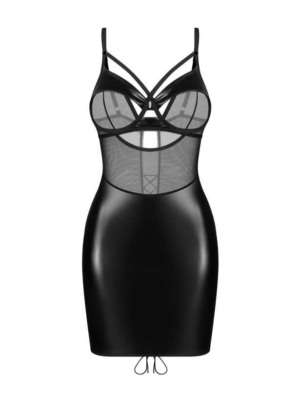 Black Faux Leather Chemise Obsessive Dominna — Lace-up Back