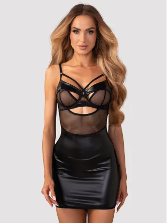 Black Faux Leather Chemise Obsessive Dominna — Lace-up Back