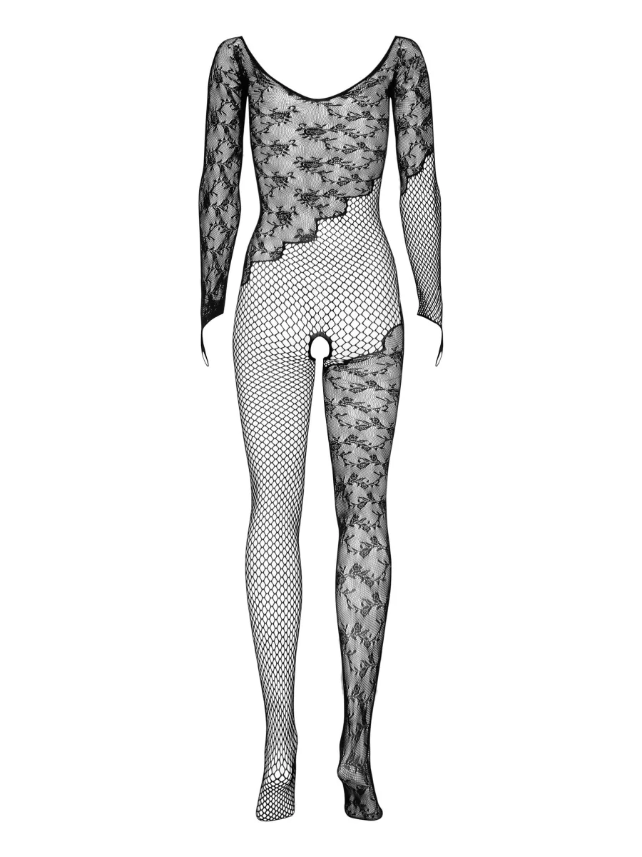 Black Floral Bodystocking Obsessive F210 — Open Crotch