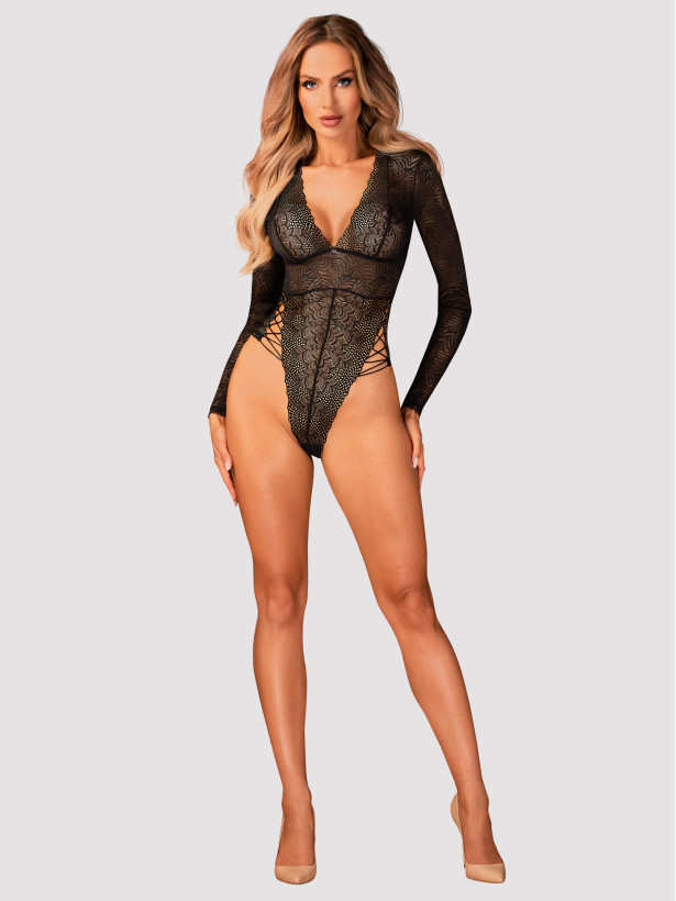 Black Lace Bodysuit Obsessive Merlys — Long Sleeve Teddy