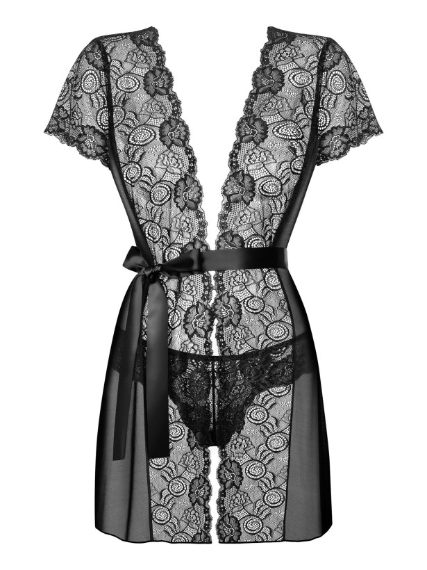 Black Lace Robe Obsessive Alluria — Sheer Peignoir Set