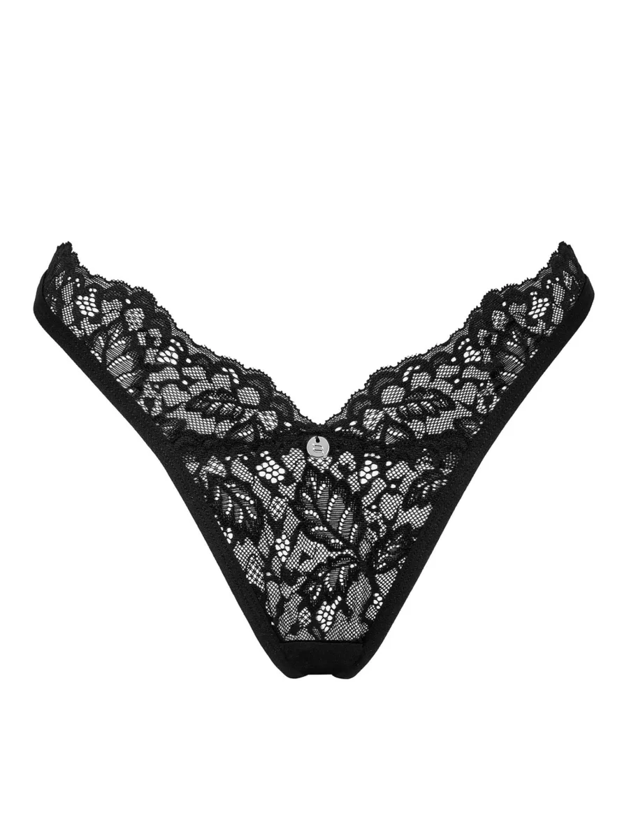 Obsessive Bellastia String: Klassischer schwarzer Spitzen-Tanga mit Anhänger