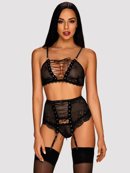 Obsessive Basitta Spitzen-Set: BH, String & Strumpfhalter