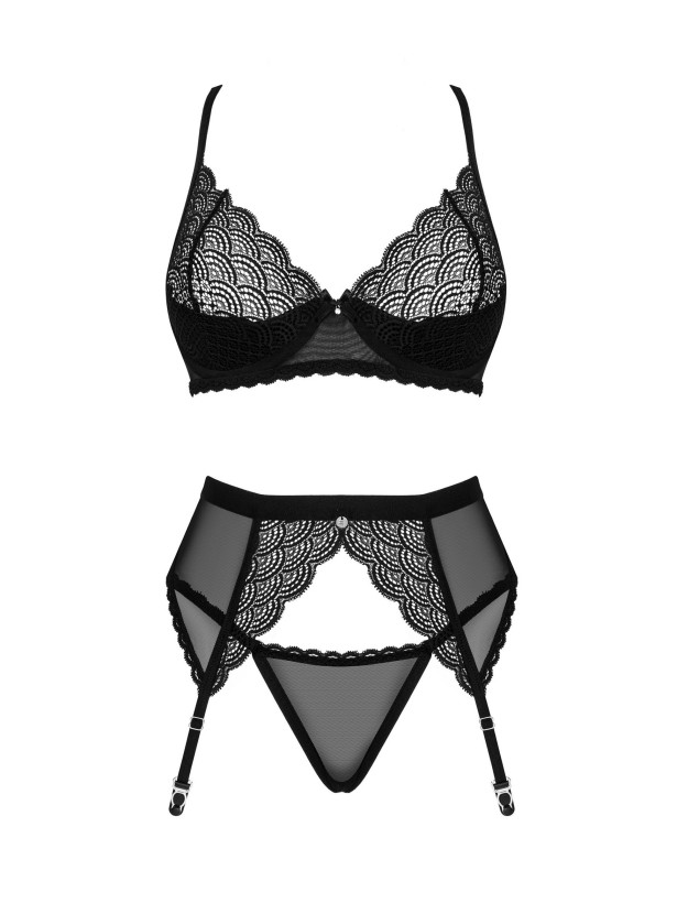 Obsessive Chemeris Sinnliches Set: Spitzen-BH, String und Strumpfhalter