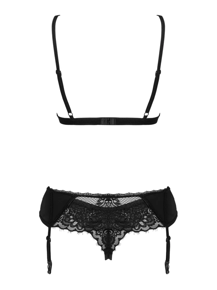 Obsessive Maderris Erotisches Spitzen-Set: Balconette-BH, String und Strumpfhalter