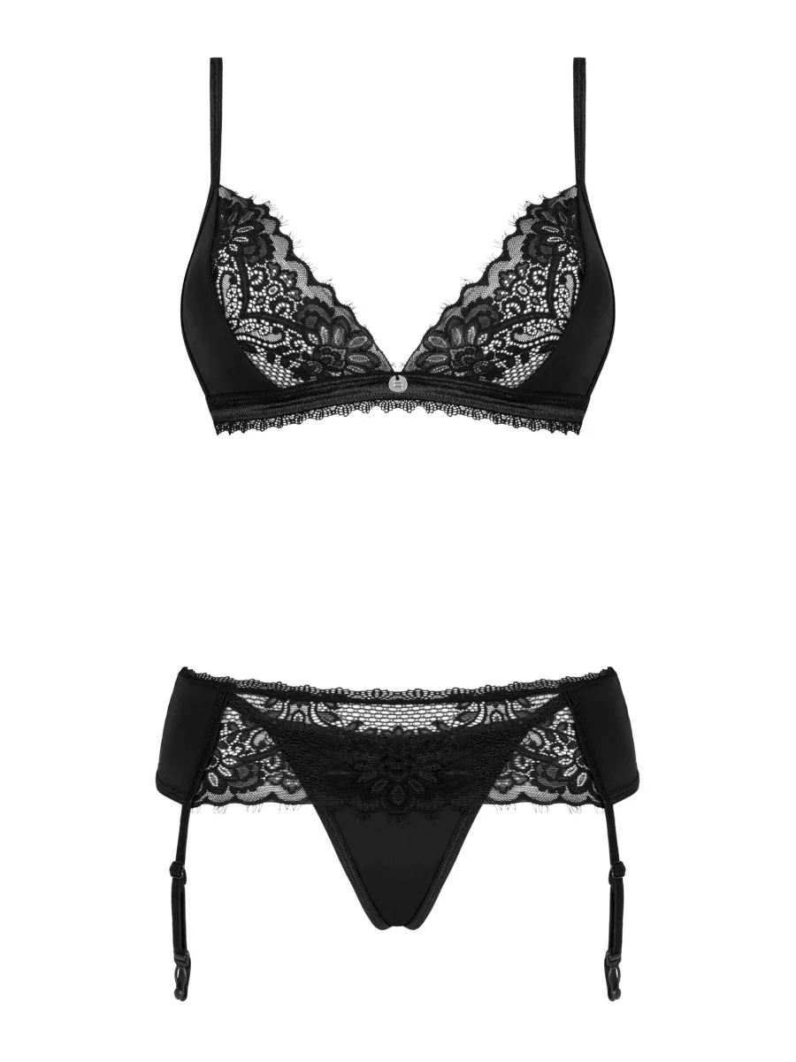 Obsessive Maderris Erotisches Spitzen-Set: Balconette-BH, String und Strumpfhalter