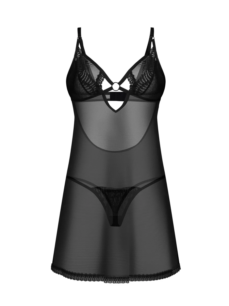 Transparentes schwarzes Babydoll / Minikleid mit offenem BH Obsessive Alliane