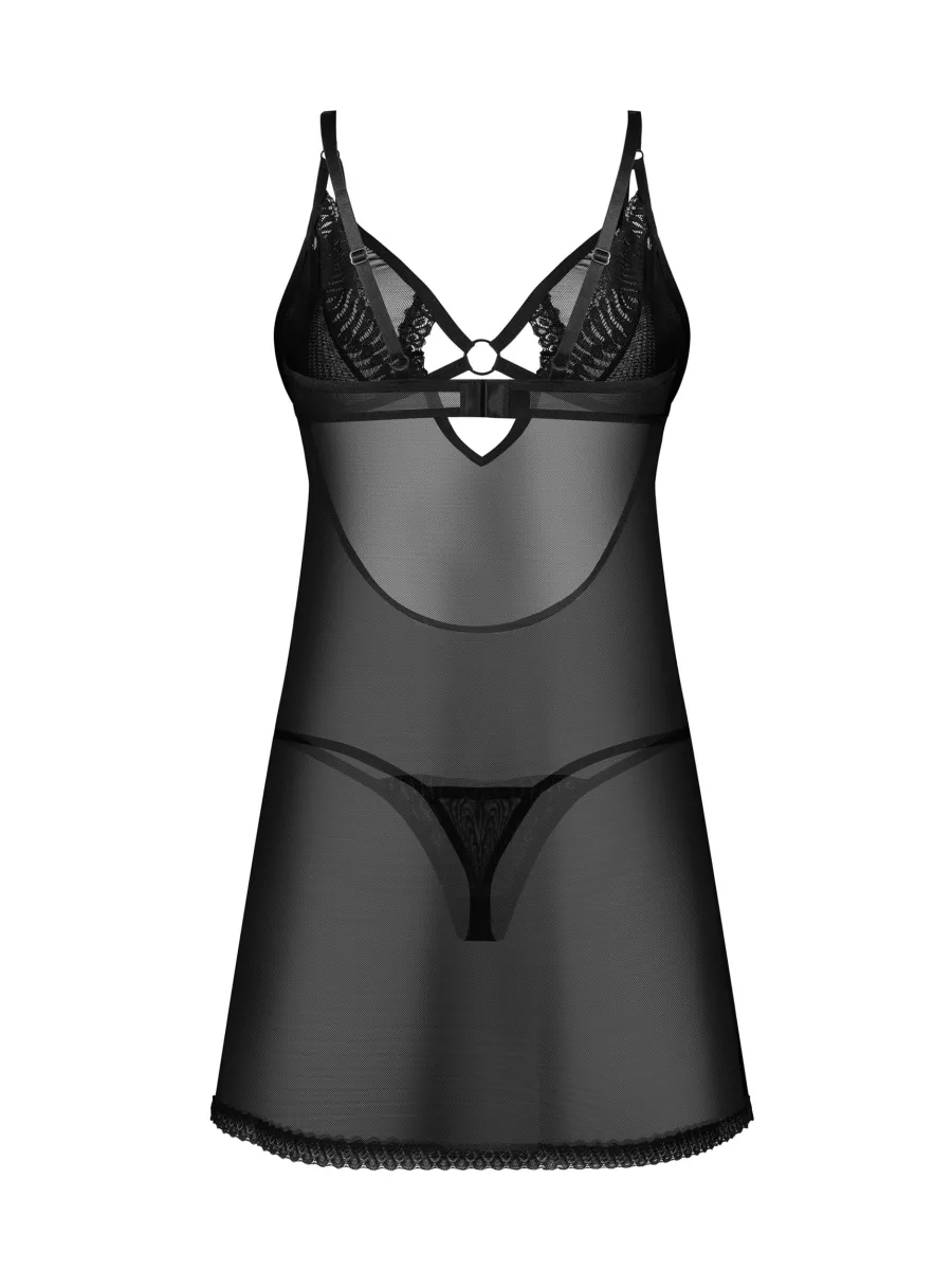 Transparentes schwarzes Babydoll / Minikleid mit offenem BH Obsessive Alliane