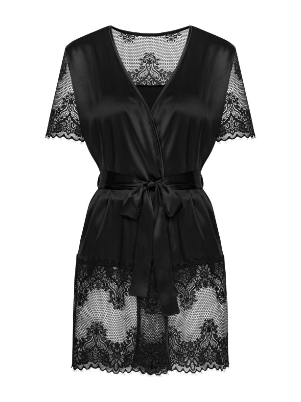 Black Satin Robe Obsessive Maderris — Elegant Lace Trim