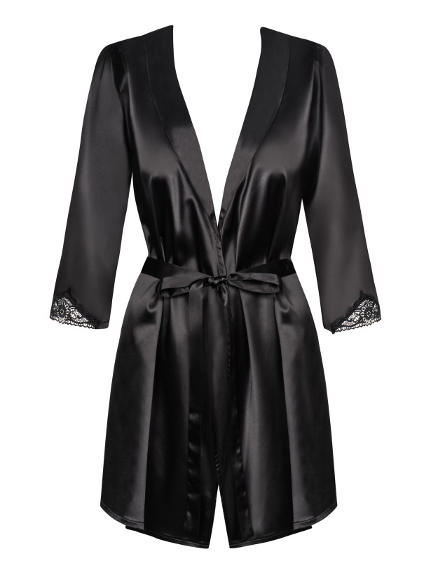 Obsessive Satinia Robe: Schwarzes Satin-Peignoir mit Ärmeln aus Guipure-Spitze
