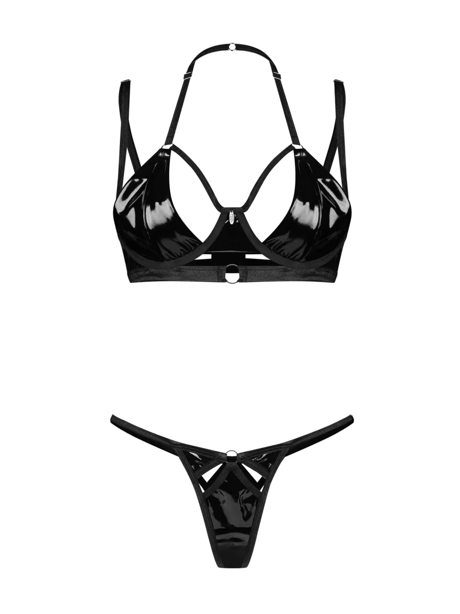 Obsessive Keira Lise Set: Glänzendes Wetlook-BH-Set mit Cut-Outs