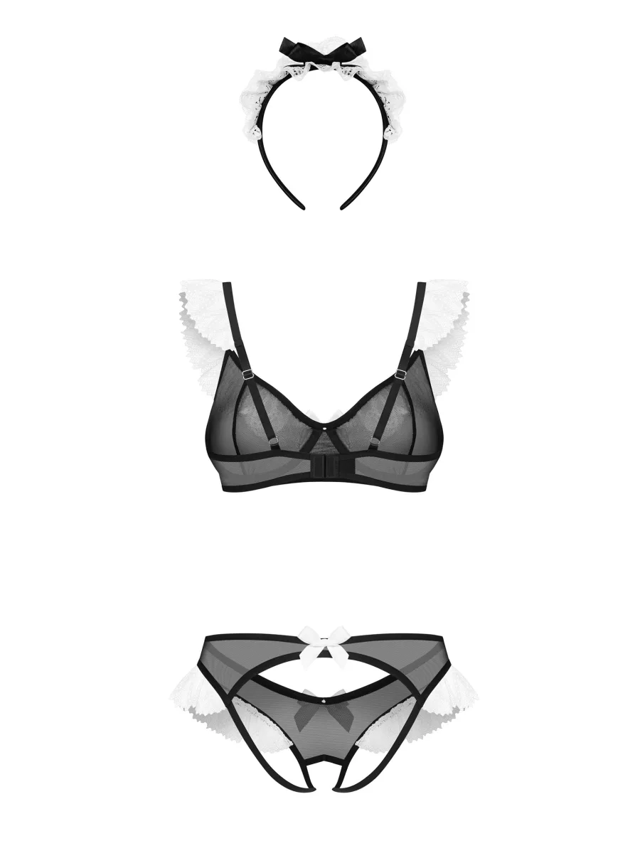 Schwarzes Zimmermädchen-Kostüm aus transparentem Mesh 3-teilig Obsessive Naughty Maid