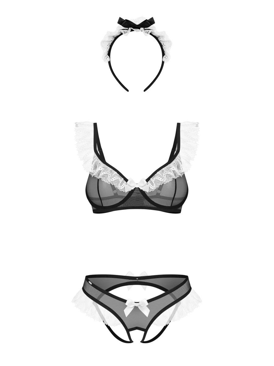 Schwarzes Zimmermädchen-Kostüm aus transparentem Mesh 3-teilig Obsessive Naughty Maid