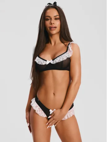 Schwarzes Zimmermädchen-Kostüm aus transparentem Mesh 3-teilig Obsessive Naughty Maid