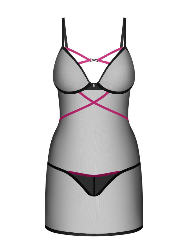 Black Underwired Chemise Obsessive Novenes — Purple Straps